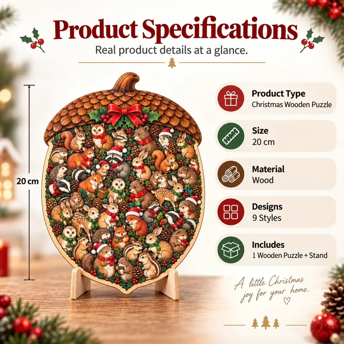 20 centimeter wooden Christmas puzzle specifications and display stand