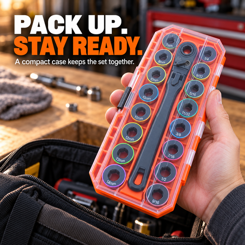 🔧🧰 Flex-Head Pass-Through Ratchet & Socket Set – Metric & SAE Sizes with Storage Case
