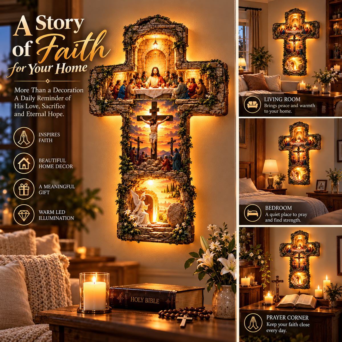 He Is Risen LED cross displayed as indoor Christian wall decor