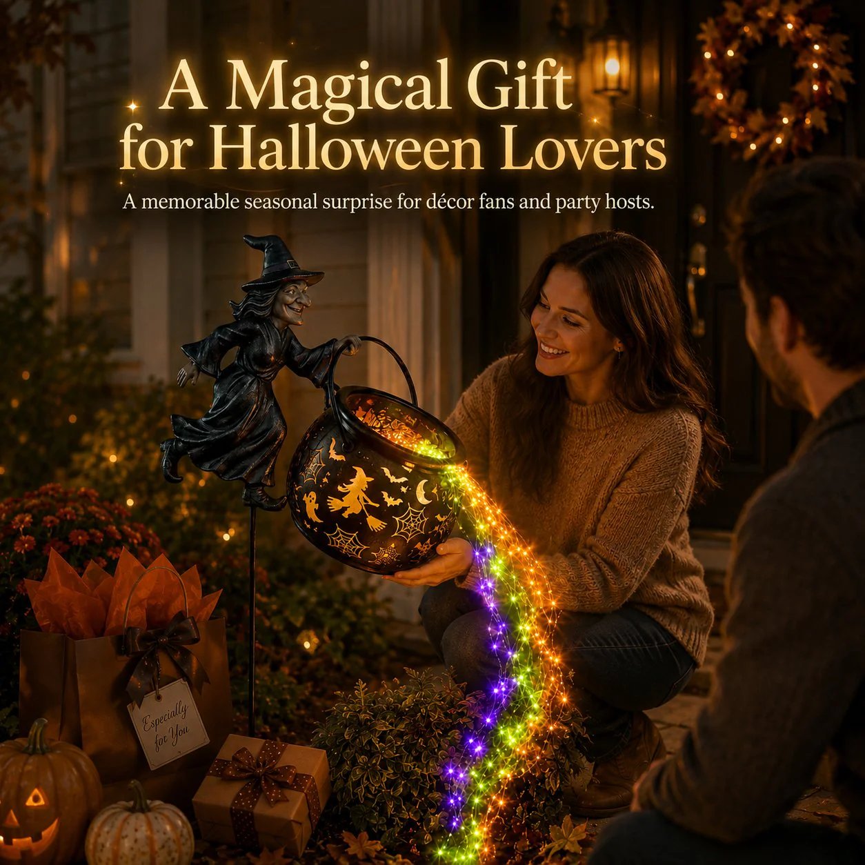 🔥 LAST DAY 50% OFF-🎃 Flying Witch & Glowing Cauldron Garden Light – Magical Halloween Yard Display ✨