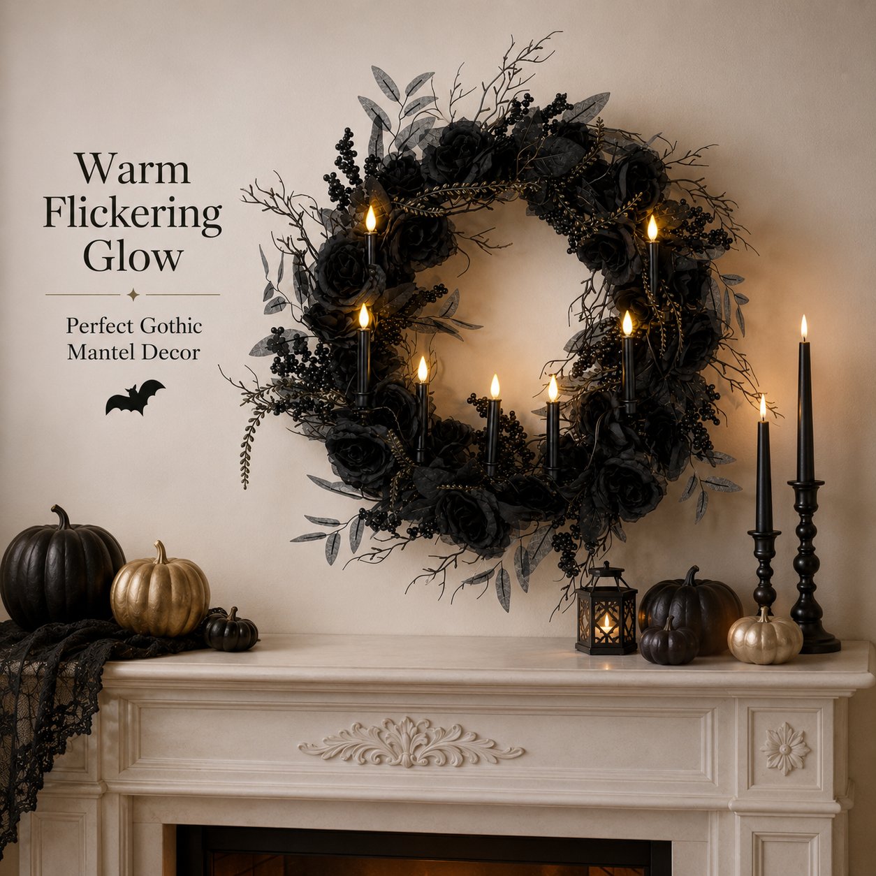 🎁Elevate your Halloween vibe 🖤Black Rose Candle Wreath