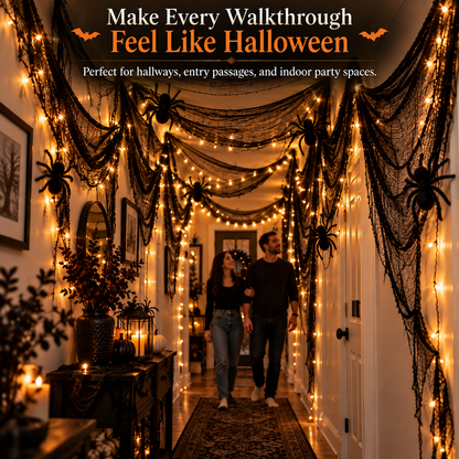 🕷️ Haunted Hallway Halloween Decor Set – Black Gauze, Warm LED Lights & Spooky Spider Decorations