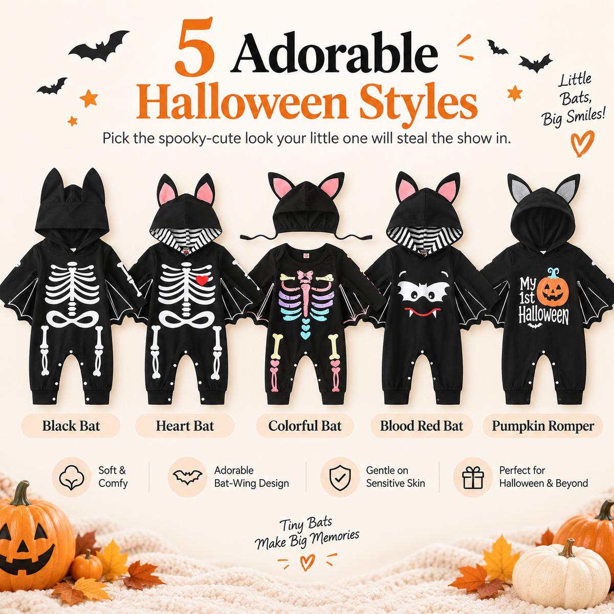 🦇 Baby Halloween Bat Wing Romper – Hooded One-Piece Costume, 5 Spooky-Cute Styles