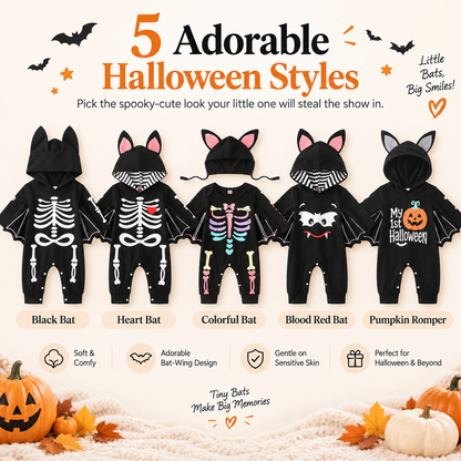 🦇 Baby Halloween Bat Wing Romper – Hooded One-Piece Costume, 5 Spooky-Cute Styles