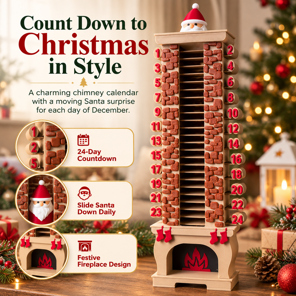 Santa chimney Christmas countdown calendar with numbers 1 to 24 and fireplace