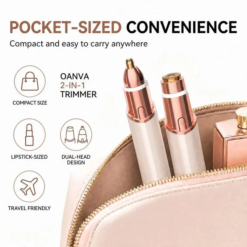 Compact dual-head facial and eyebrow trimmer stored in makeup bag