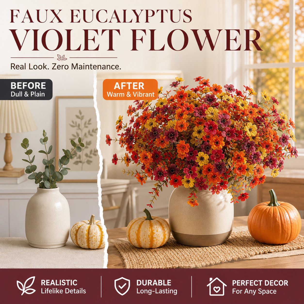 🍂🧡Artificial Autumn Violet Silk Flower Bouquet✨Weatherproof Faux Fall Floral Stems