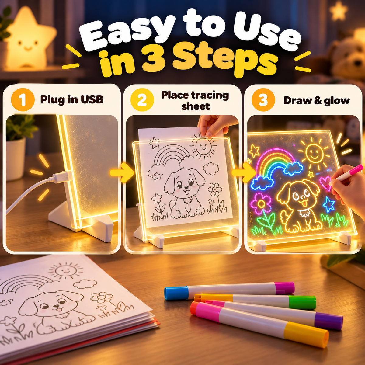 Three-step instruction graphic showing USB connection, placing a tracing sheet behind the board, and drawing glowing art