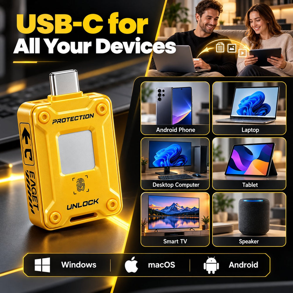 EAGET FU80 yellow flash drive displayed with a phone, laptop, tablet, desktop computer and other digital devices