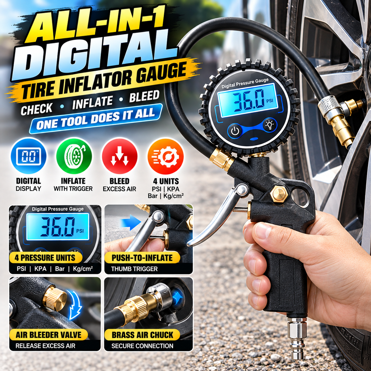 ⚡ Digital Tire Inflator Gauge — One Tool for Faster Tire Pressure Maintenance