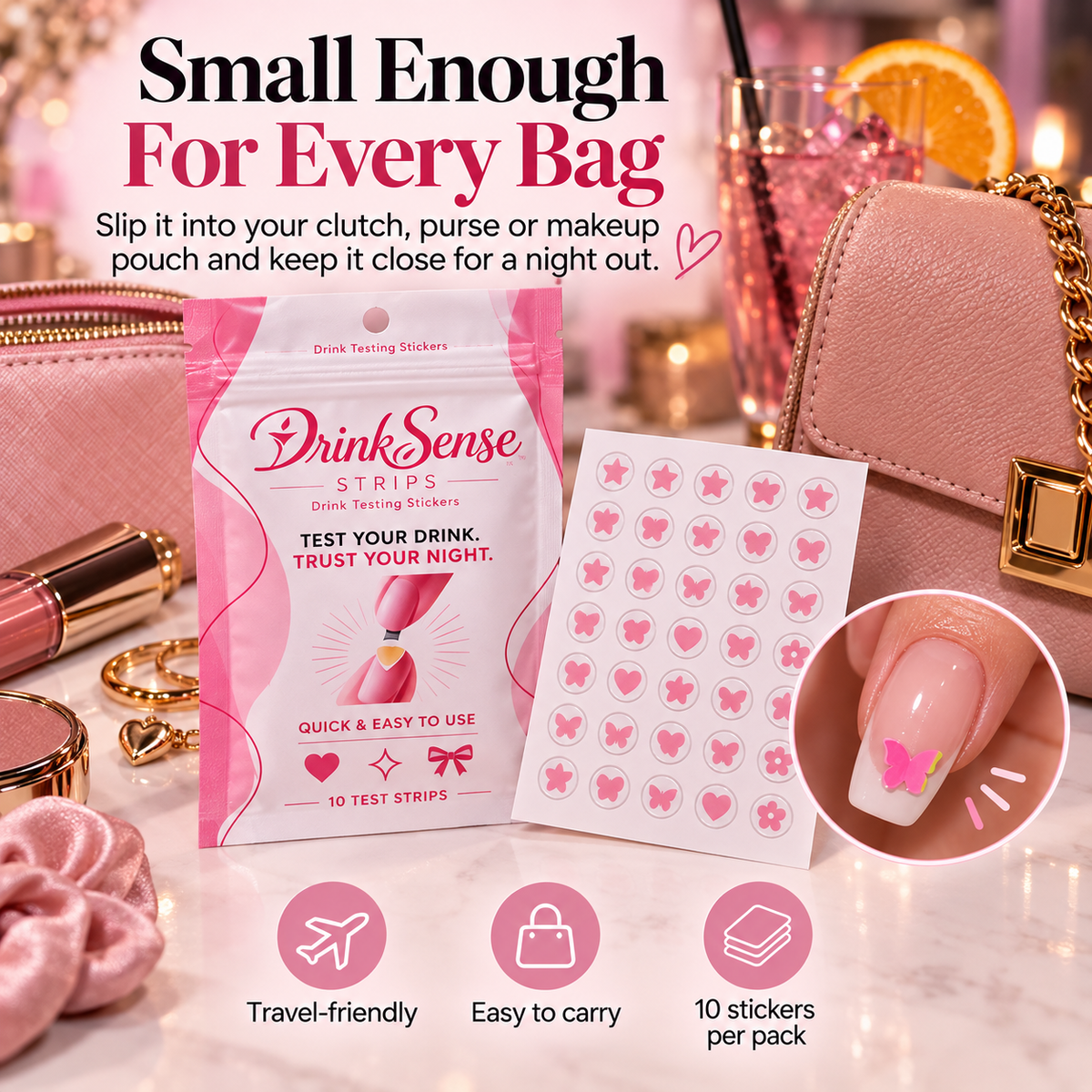 💗 Discreet Drink Test Nail Stickers – Heart-Shaped GHB Detection Stickers for Women's Night Out Safety ✨