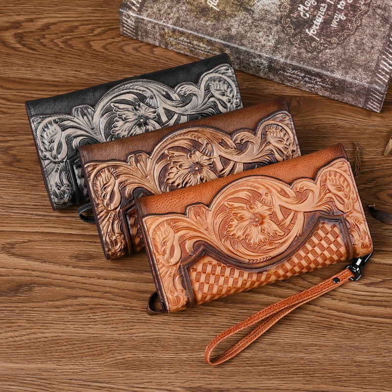 Genuine Leather Hand-Tooled Vintage Floral Wallet – Western Style Clutch & Wristlet