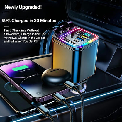 7-in-1 Retractable 102W Fast Car Charger with Star Projector Ambient Light