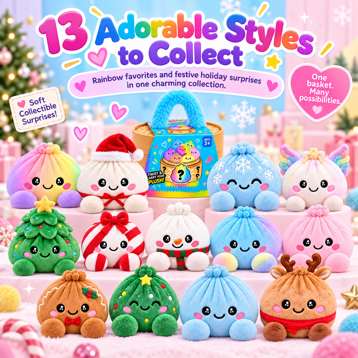 Collection of thirteen colorful everyday and holiday dumpling plush character styles