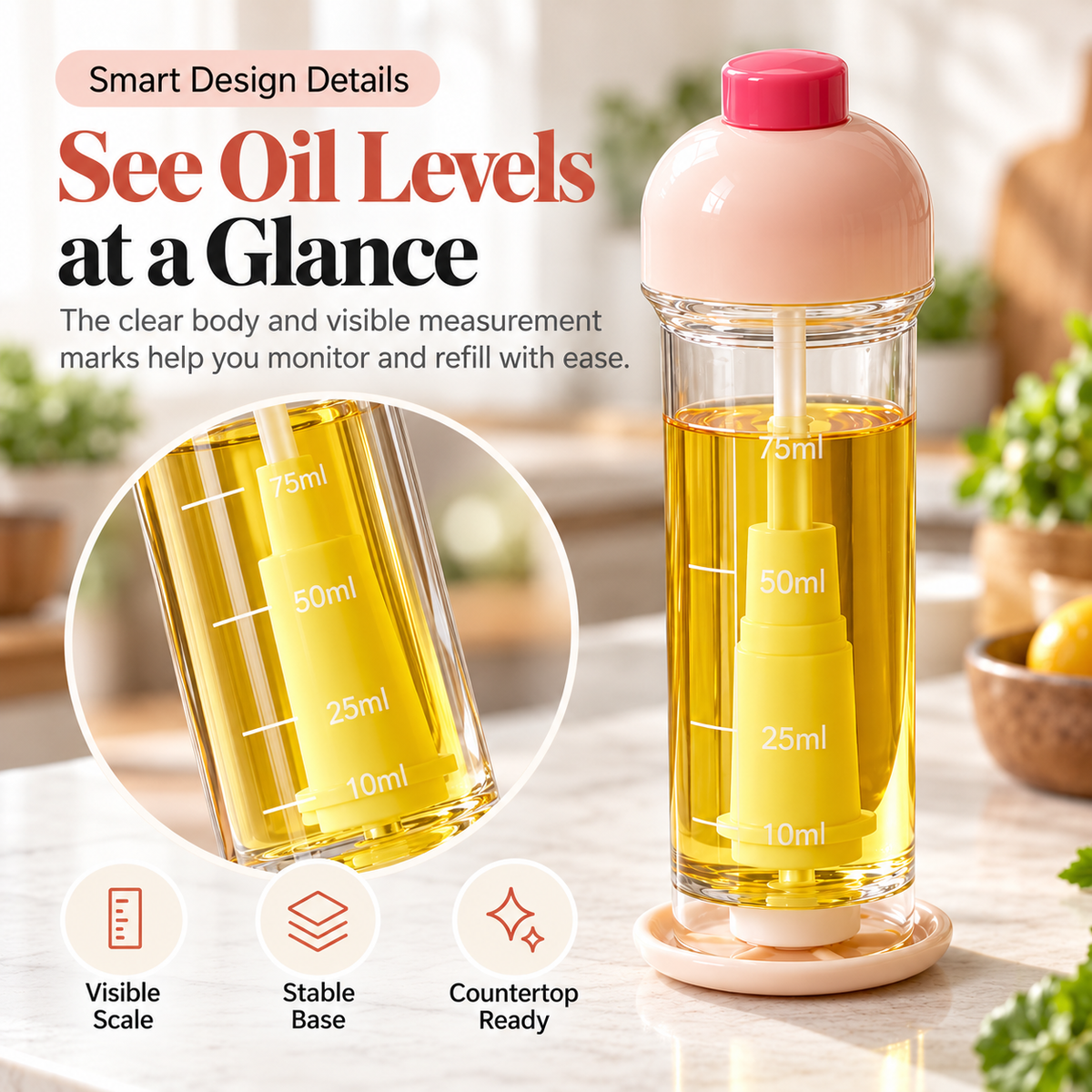 Transparent refillable oil sprayer with visible 10, 25, 50 and 75 ml measurement marks