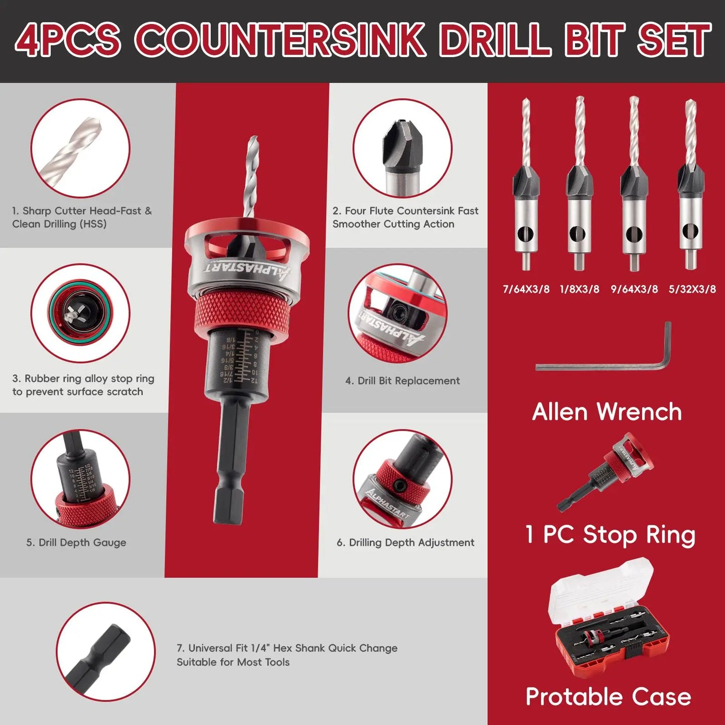 ALPHASTART 4PCS HCS (High Carbon Steel) 4-Blade Countersink Drill Bit Set