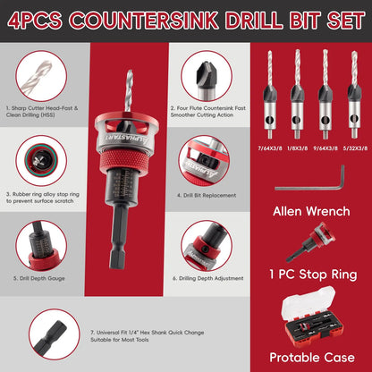 ALPHASTART 4PCS HCS (High Carbon Steel) 4-Blade Countersink Drill Bit Set