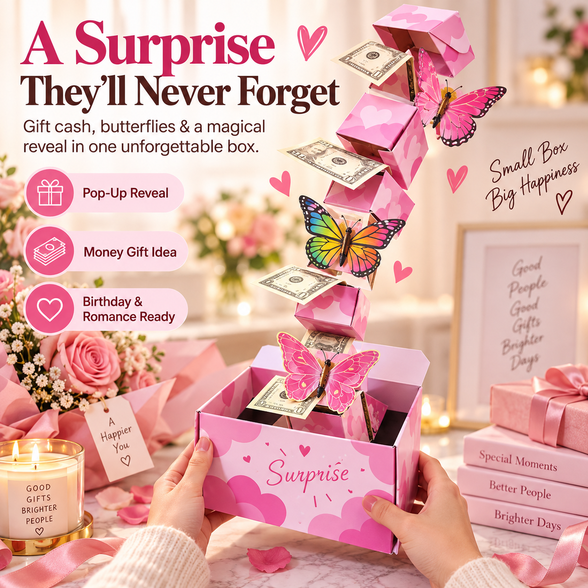 Pink surprise money gift box opening into a cascading cash and butterfly reveal