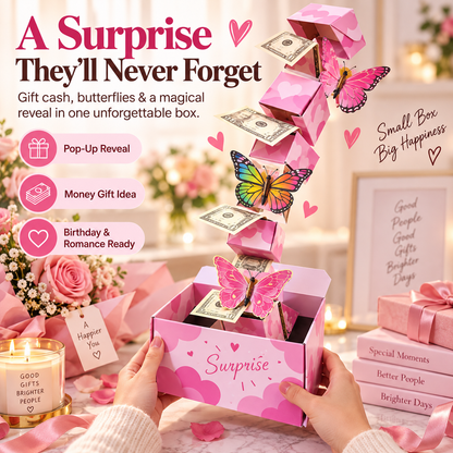 🎁Pink Surprise Money Explosion Gift Box with Pop-Up Butterflies – Birthday Cash Gift Reveal
