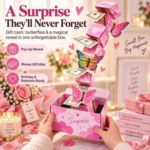 🎁Pink Surprise Money Explosion Gift Box with Pop-Up Butterflies – Birthday Cash Gift Reveal