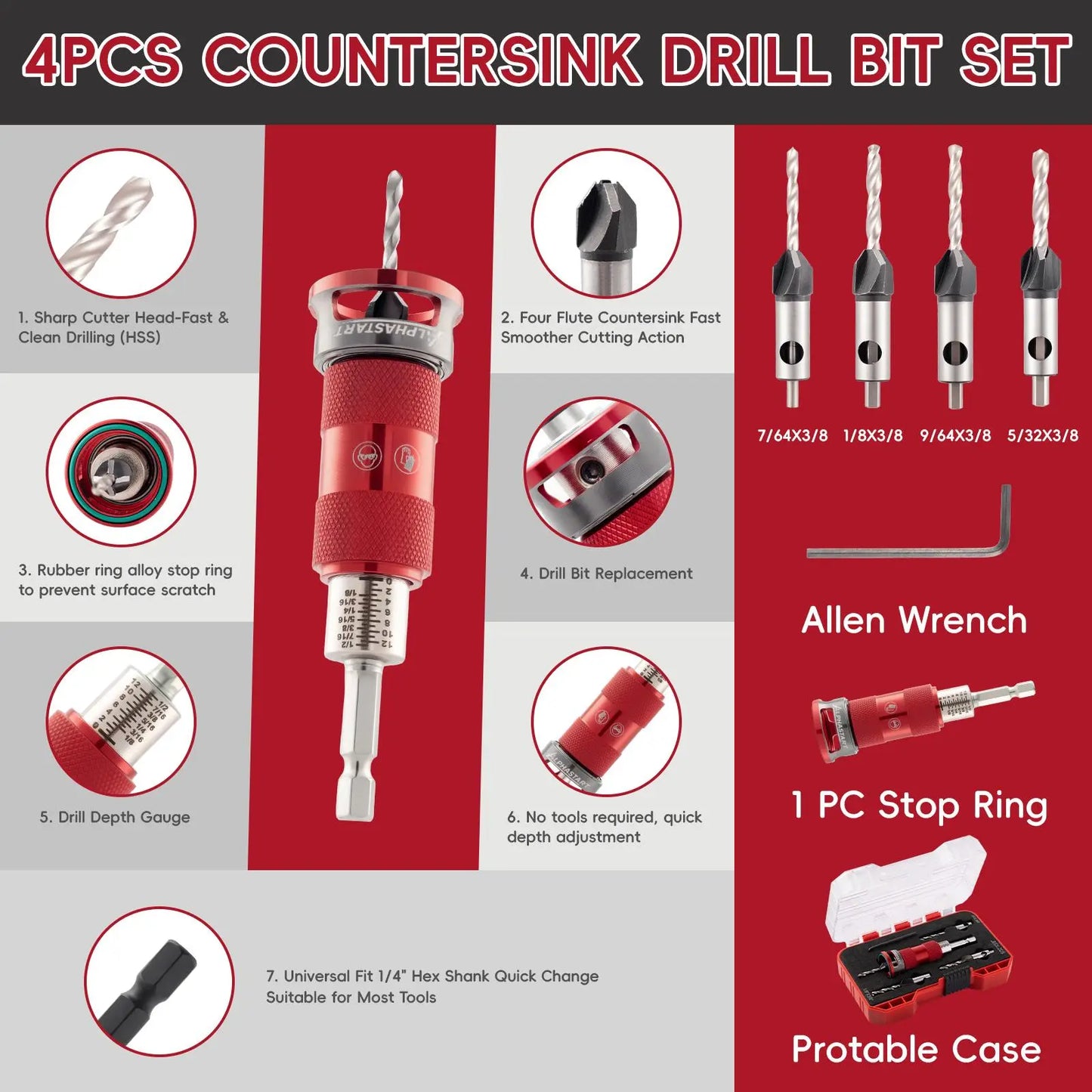 ALPHASTART 4PCS HCS (High Carbon Steel) 4-Blade Countersink Drill Bit Set