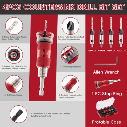 ALPHASTART 4PCS HCS (High Carbon Steel) 4-Blade Countersink Drill Bit Set