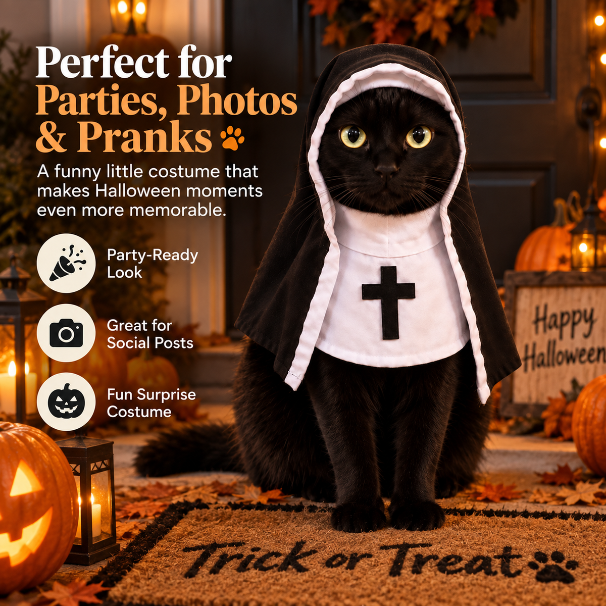 🐾 Funny Nun Cat Halloween Costume – Hooded Pet Costume for Photos, Parties & Pranks