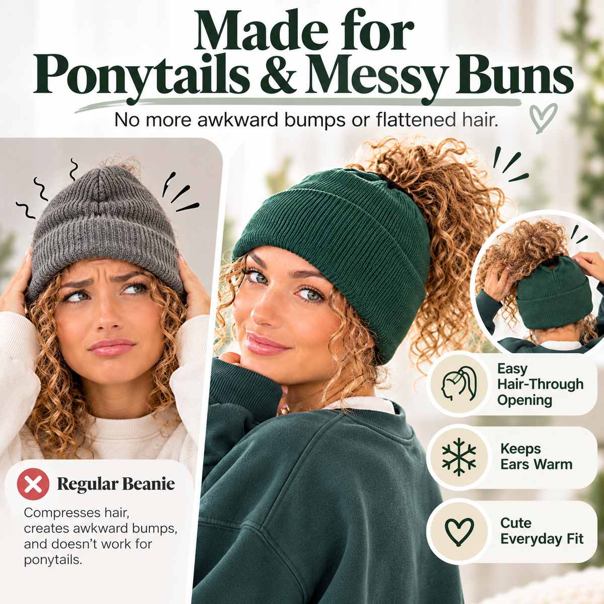 Comparison of a regular beanie compressing curly hair with a forest green ponytail beanie that lets hair pass through an opening