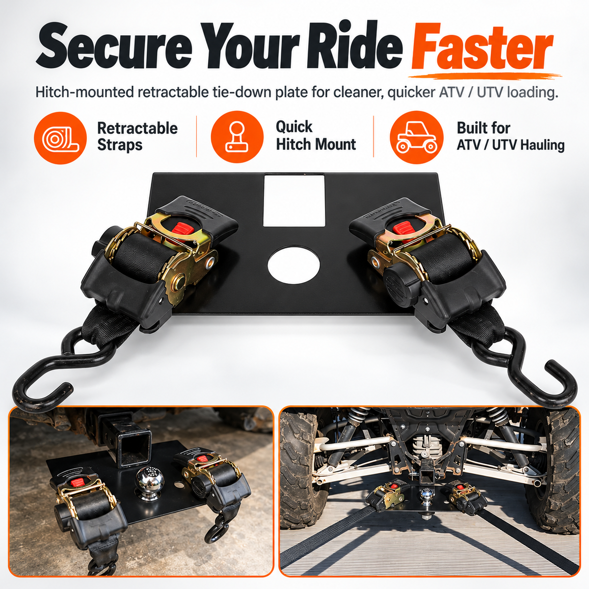 Heavy duty hitch mounted tie down plate with two retractable ratchet straps for ATV and UTV hauling