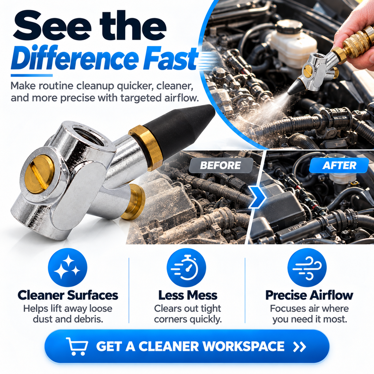 Illustrative before and after cleaning comparison showing a dusty and cleaner engine bay