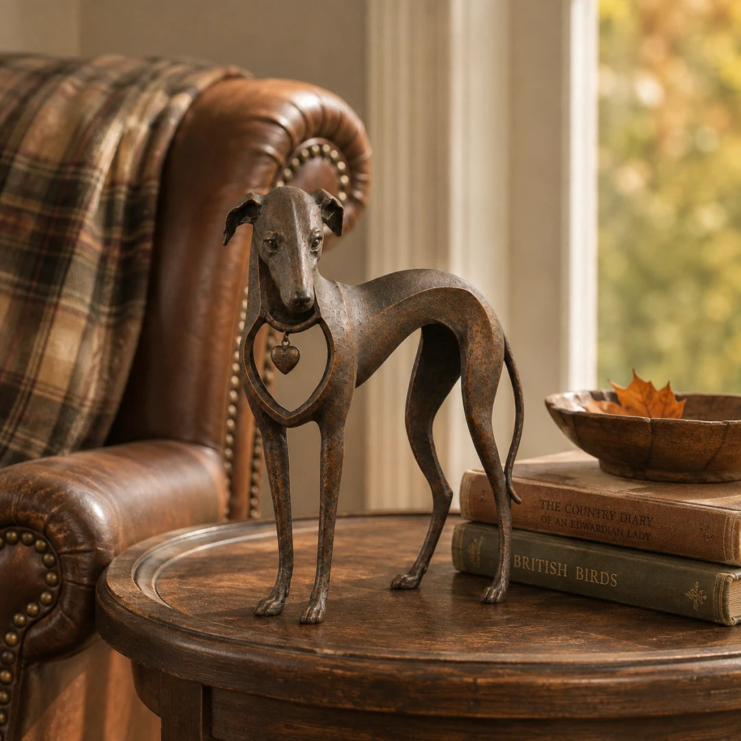 Vintage sighthound sculpture beside books and leather chair