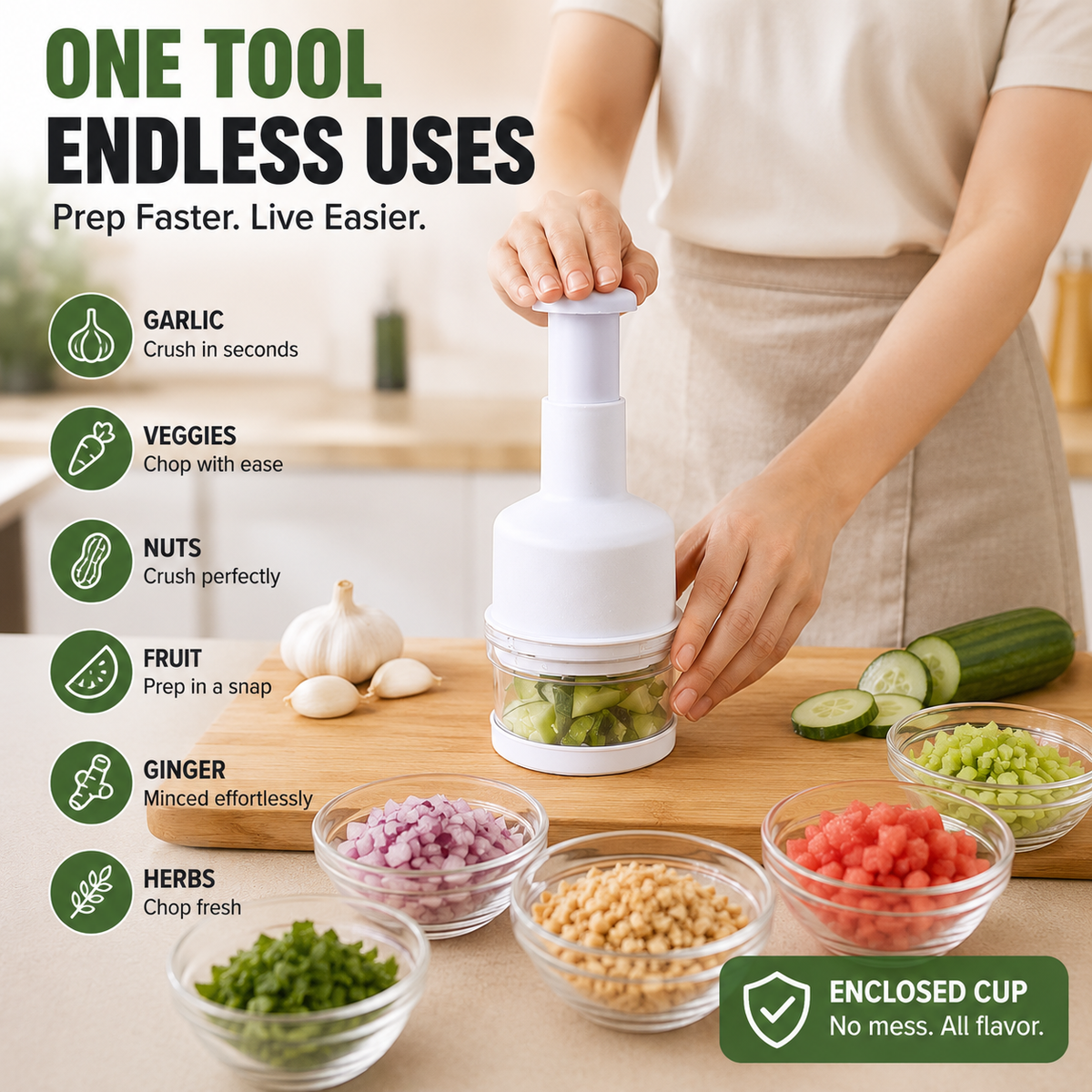 10-Second Quick-Prep Vegetable Chopper – Easy Press Food & Garlic Slicer