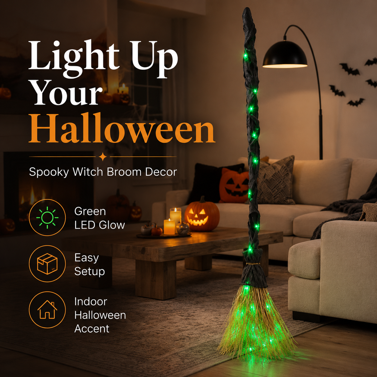 Light-Up Witch Broom Halloween Decor – Spooky Green LED Witch Broom