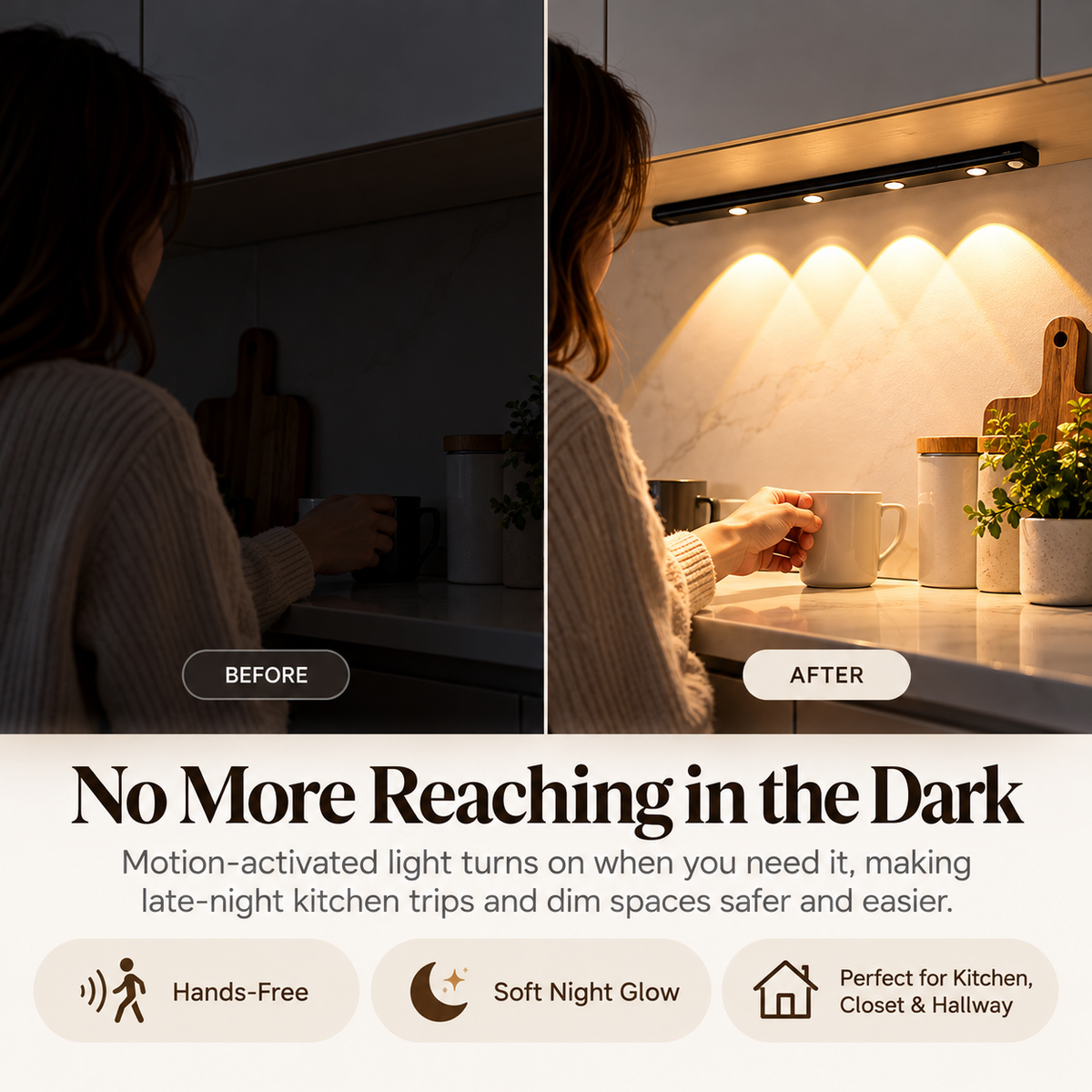 Before and after dark kitchen counter illuminated by motion sensor under cabinet light