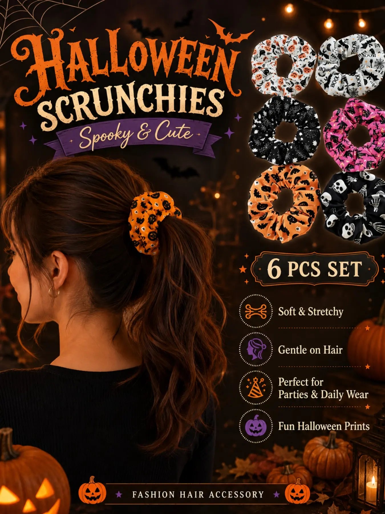 6-Piece Halloween Scrunchies Set – Spooky & Cute