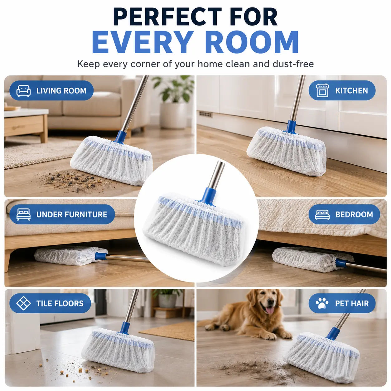 Disposable Broom Dust Covers, Non-Woven Dust Catcher for Standard Brooms
