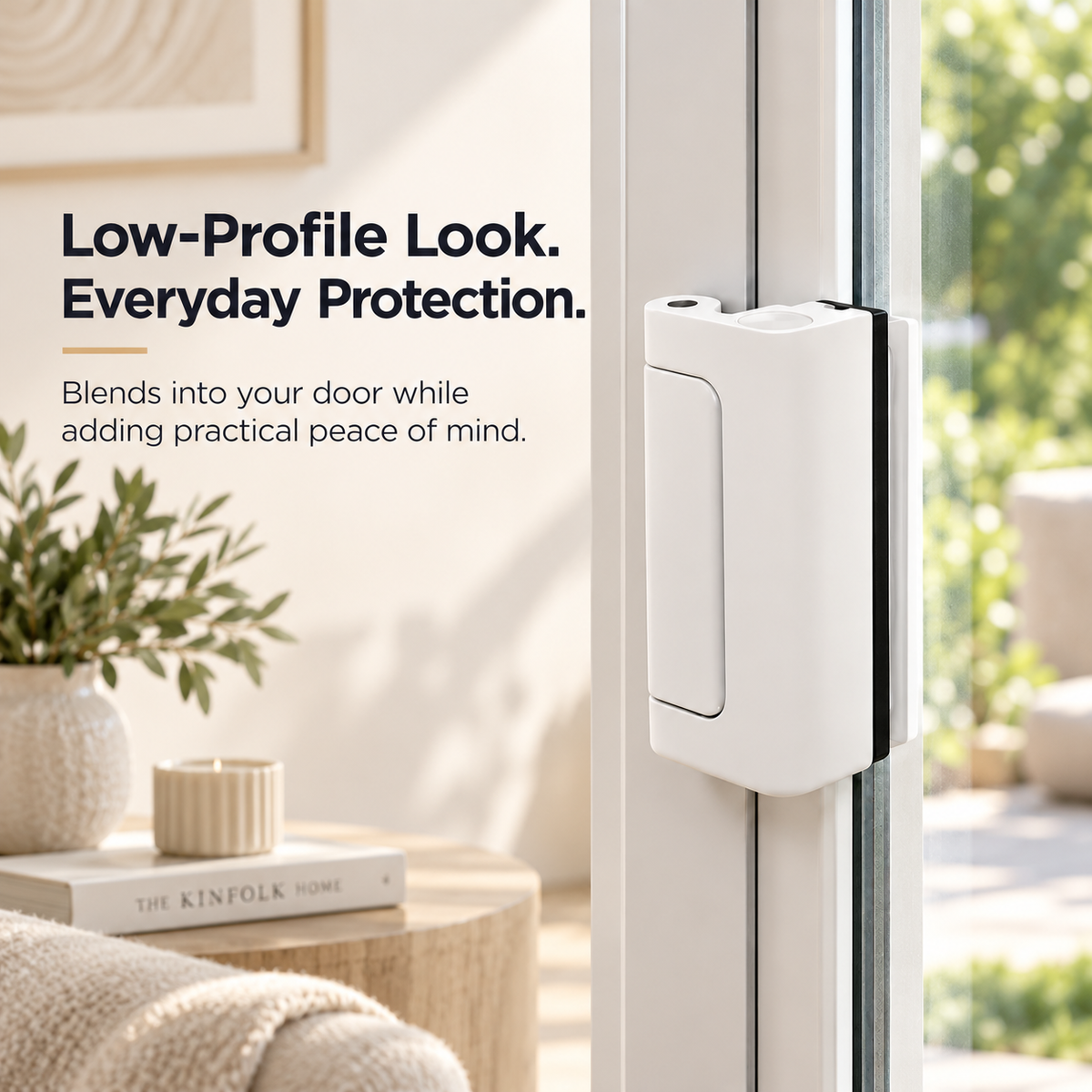Low-profile white safety latch blending with a white sliding door frame