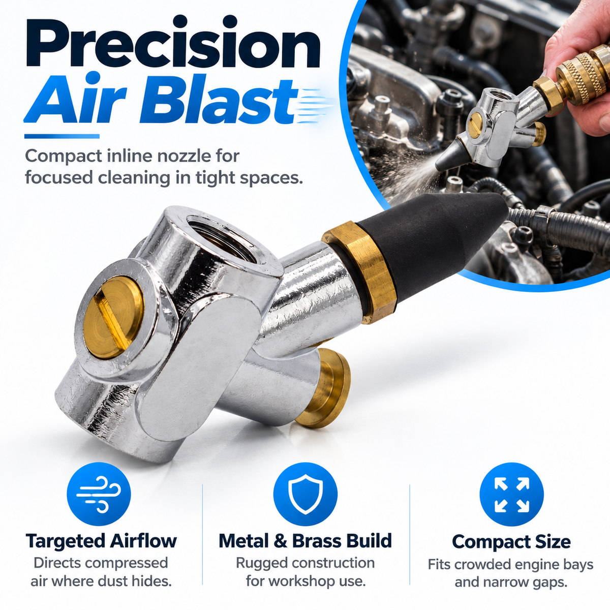 Precision Air Blast compact nozzle with chrome metal body, brass details and black tapered rubber tip