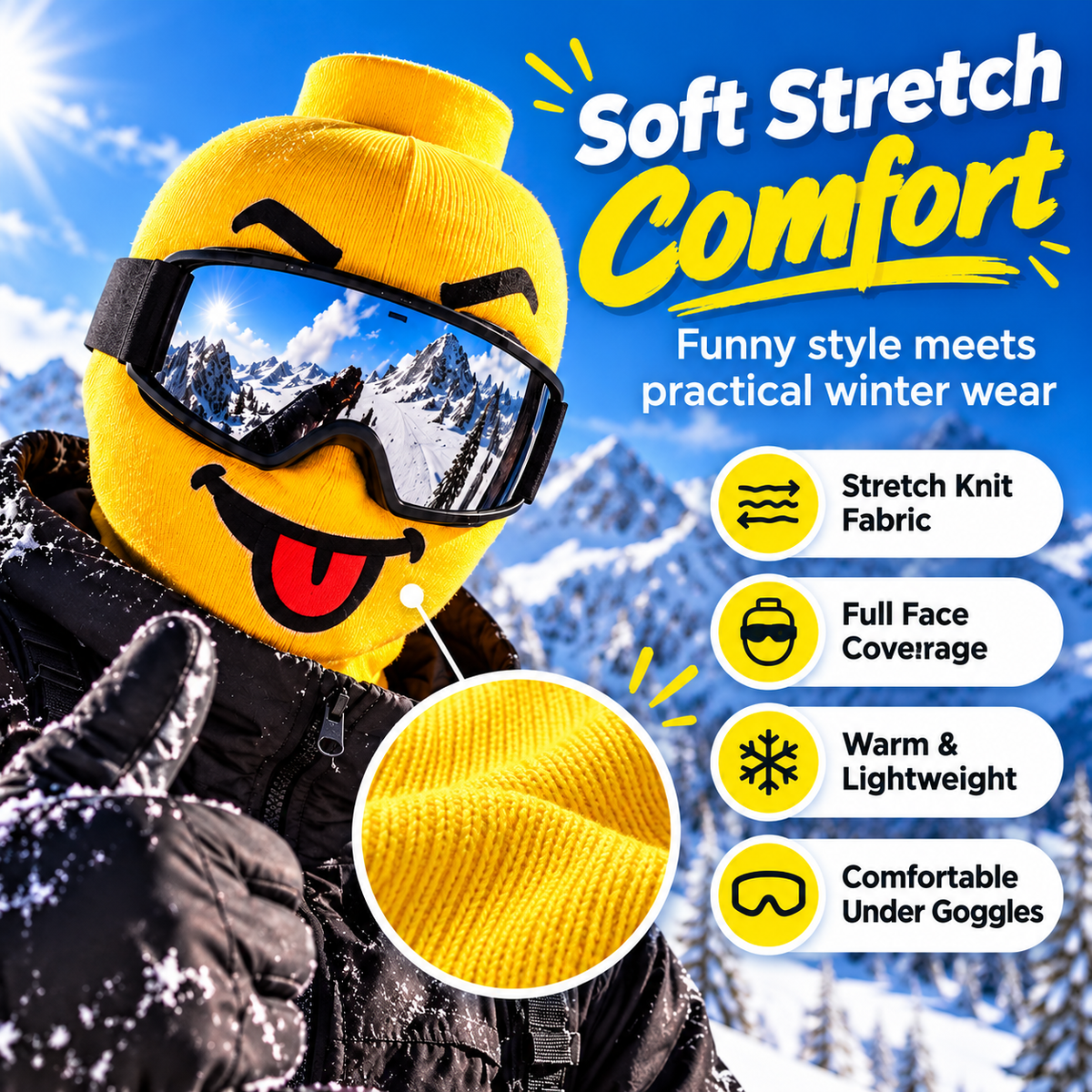 Yellow block head ski mask shown with goggles