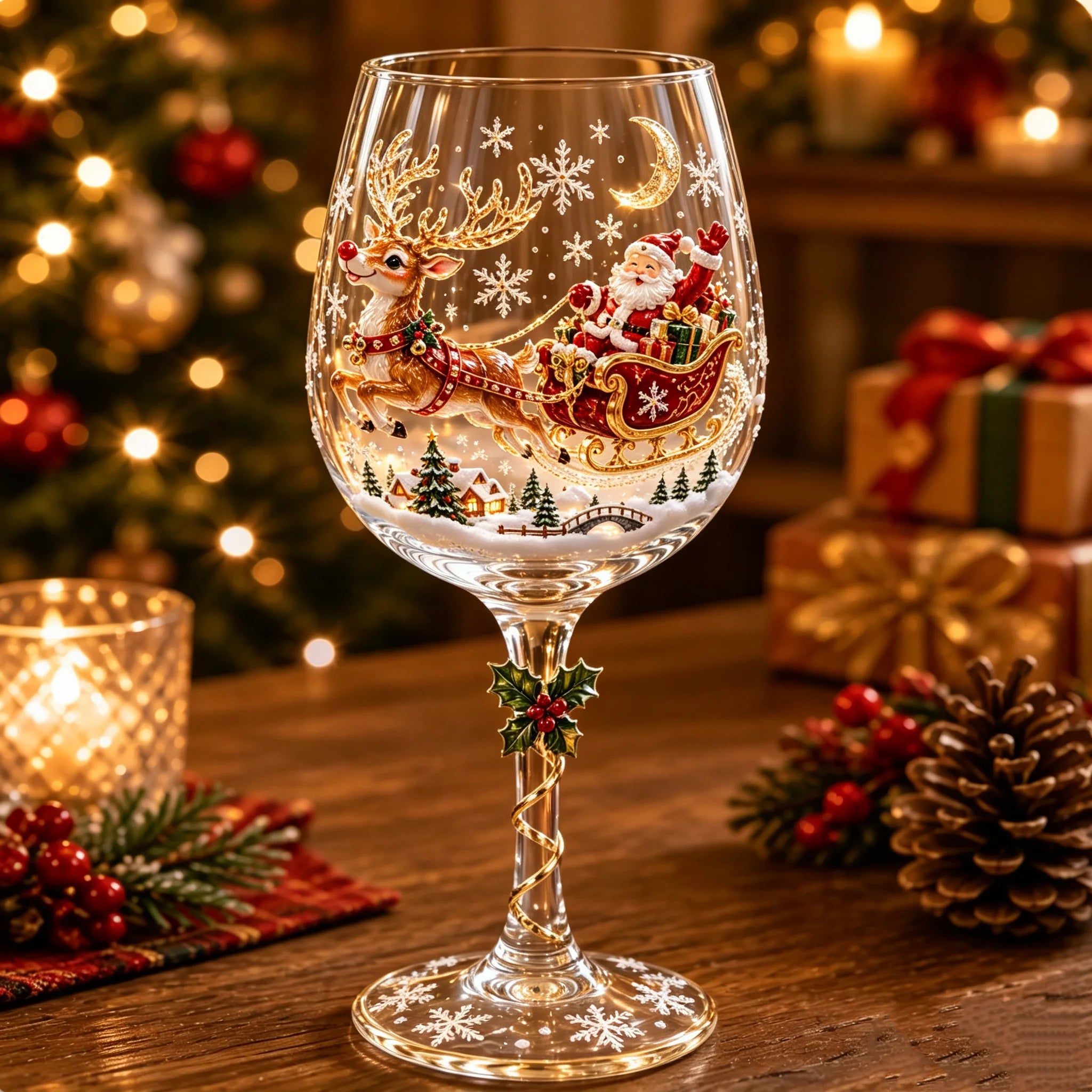 Christmas wine glass with raised reindeer pulling Santa's sleigh artwork and delicate snowflake details