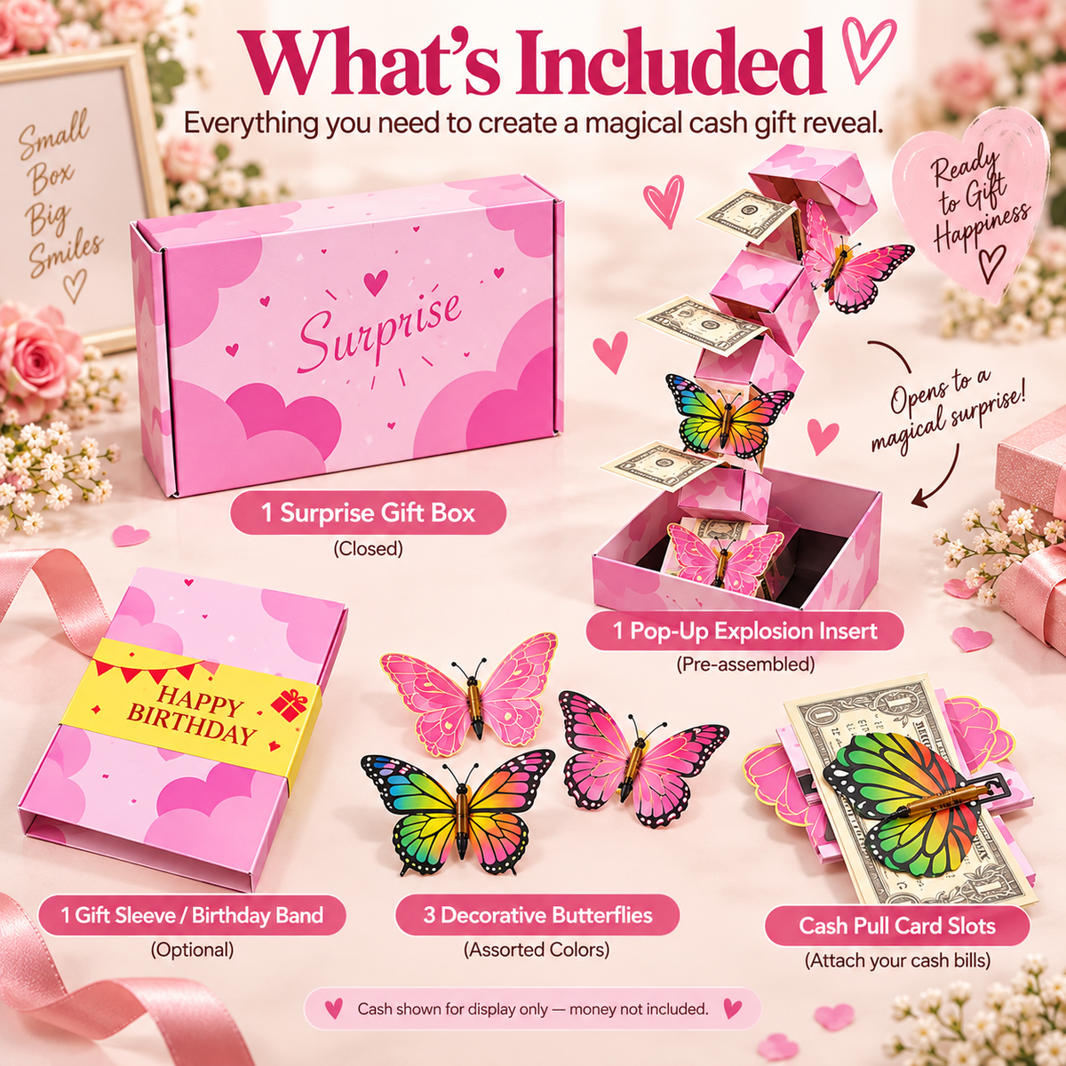 🎁Pink Surprise Money Explosion Gift Box with Pop-Up Butterflies – Birthday Cash Gift Reveal