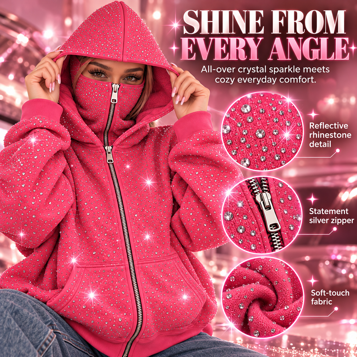 👚Pink Rhinestone Full-Zip Hoodie with Convertible Face Cover – Oversized Streetwear