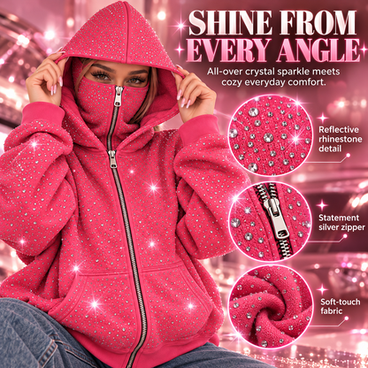👚Pink Rhinestone Full-Zip Hoodie with Convertible Face Cover – Oversized Streetwear