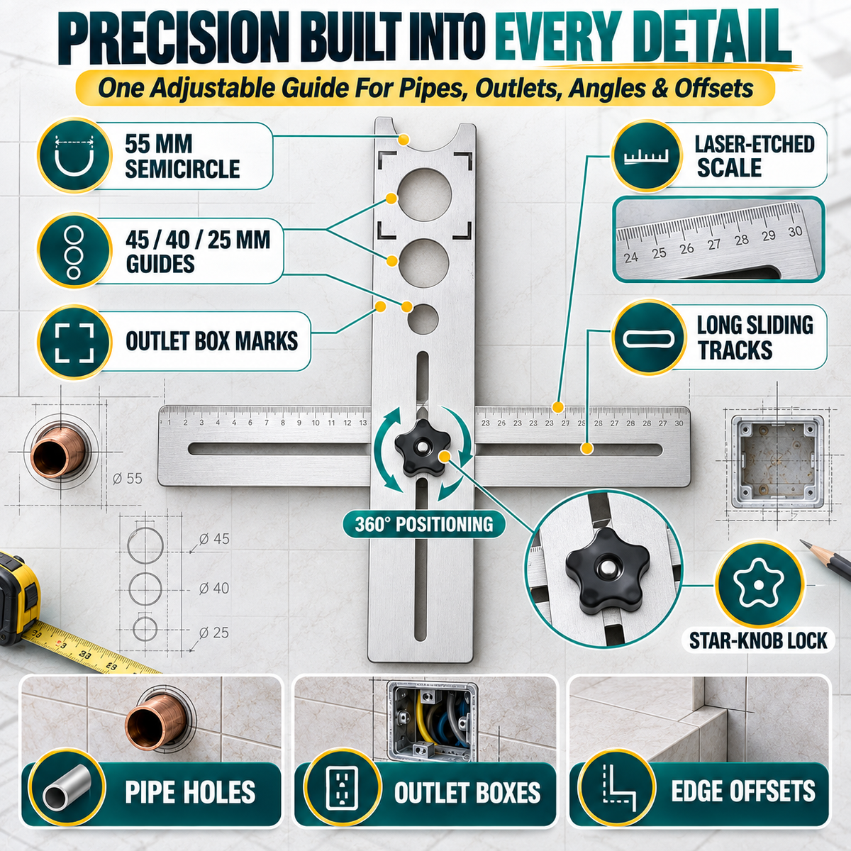 Adjustable hole locator ruler showing sliding tracks hole guides and locking knob