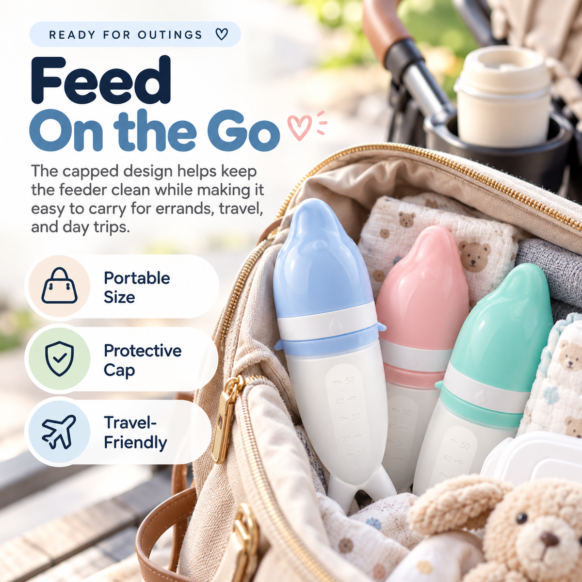 Three capped baby squeeze feeders packed inside a diaper bag for an outing