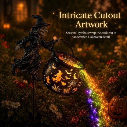 🔥 LAST DAY 50% OFF-🎃 Flying Witch & Glowing Cauldron Garden Light – Magical Halloween Yard Display ✨