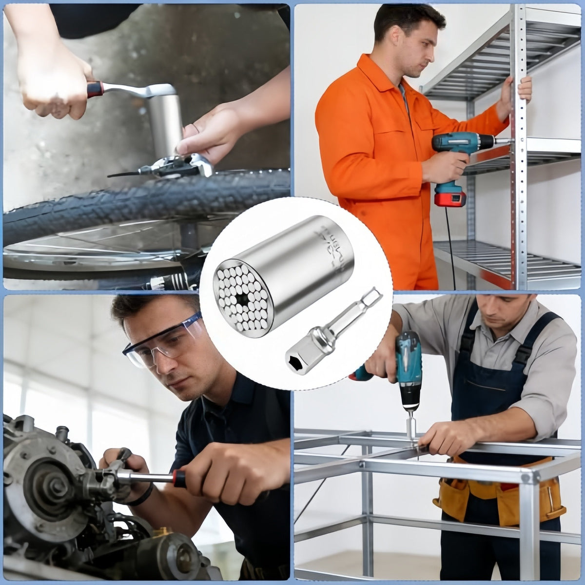 Universal socket used for bicycle repair shelving workshop and automotive tasks