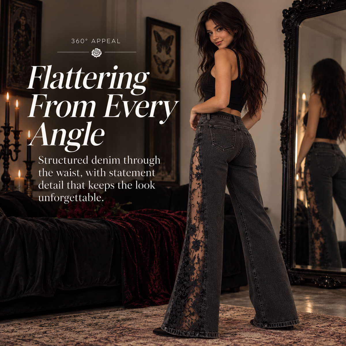 🖤🔥 Women's Gothic Black Flare Jeans 👖🌹 Sheer Floral Lace Side Panels ✨🦋 High-Waisted Wide-Leg Denim Pants | Sexy & Edgy Streetwear 💋