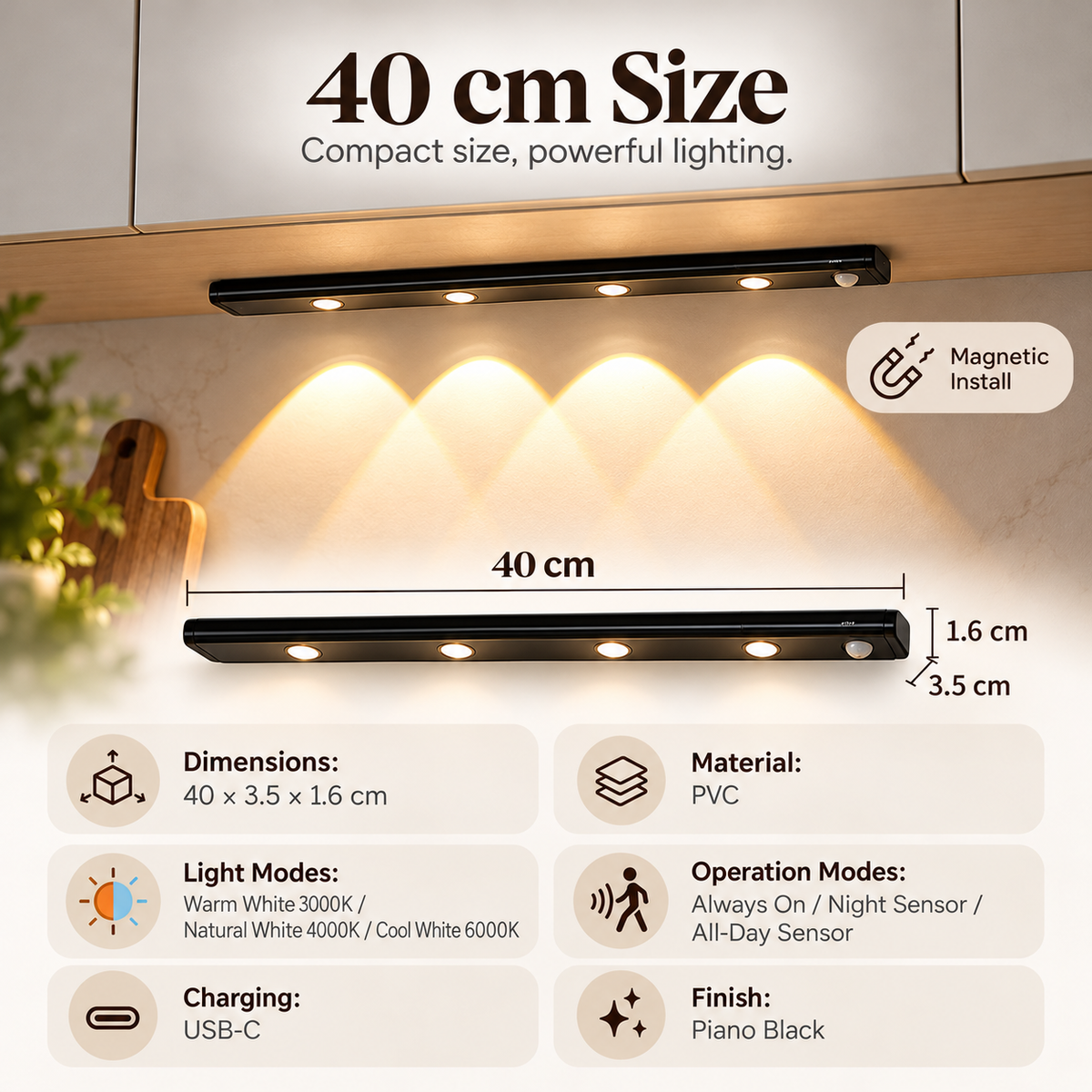 💡✨ Smart LED Motion Sensor Under Cabinet Lights 🚶‍♂️ | 🌈 3 Color Temperatures & 3 Lighting Modes | 🧲 Magnetic Installation 🔋 USB-C Rechargeable | 🏡 Wireless Kitchen, Closet & Home Lighting | 📏 40/50/60cm