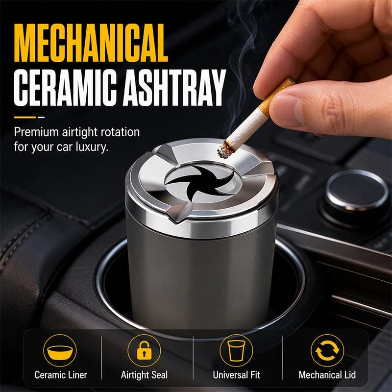 Rotating ceramic lined ashtray placed in a car cup holder